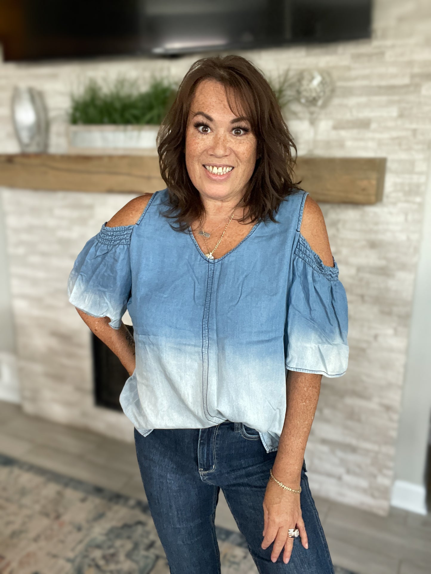 Chambray Denim Cold Shoulder Top - Size XL