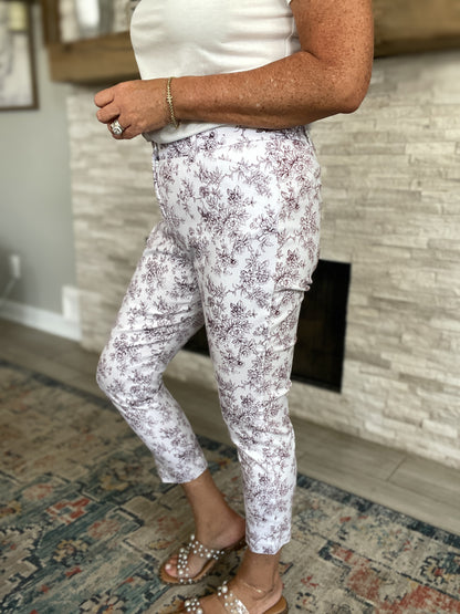 Mario Serrani Italy Comfort Stretch Slim Fit Pant Plum and CreamFloral Print - Size 12