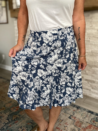 Navy and White Floral Skirt - Size XL