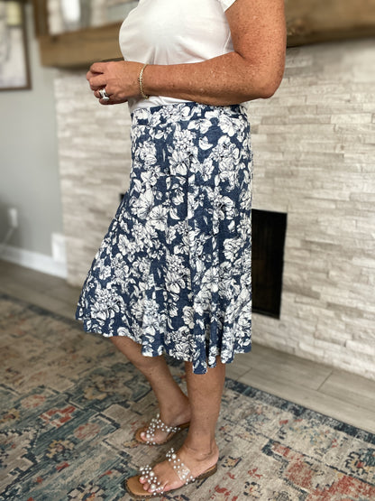 Navy and White Floral Skirt - Size XL