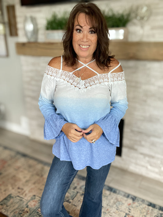 Cold Shoulder Blue Ombre Long Sleeve Top - Size Small