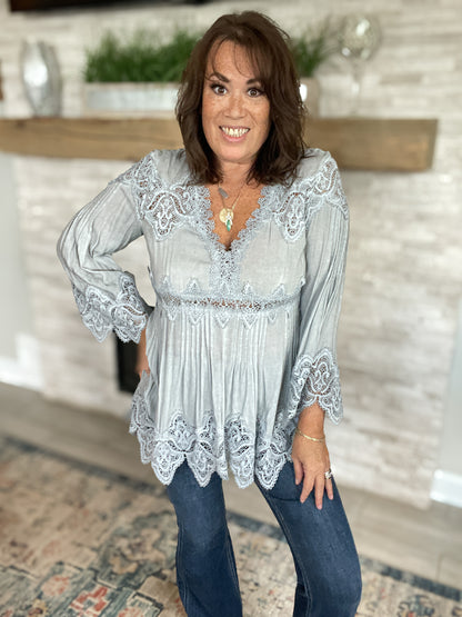 Grey Bell Sleeve Tunic Top With Crochet Detailing - Size Large