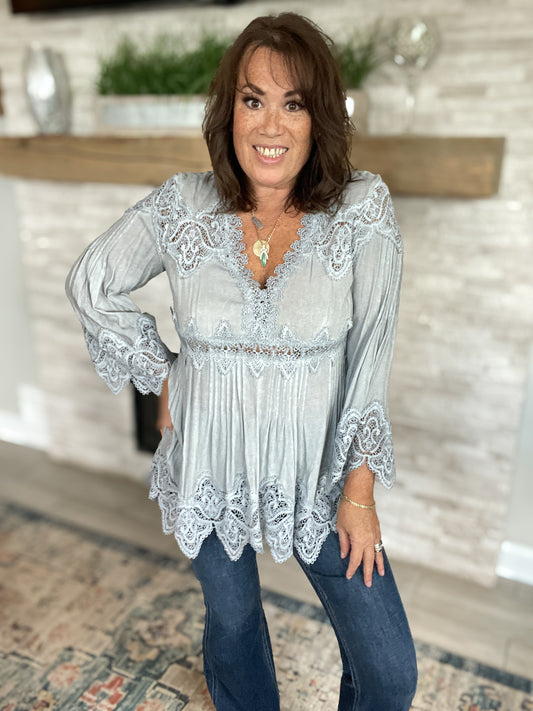 Grey Bell Sleeve Tunic Top With Crochet Detailing - Size Large