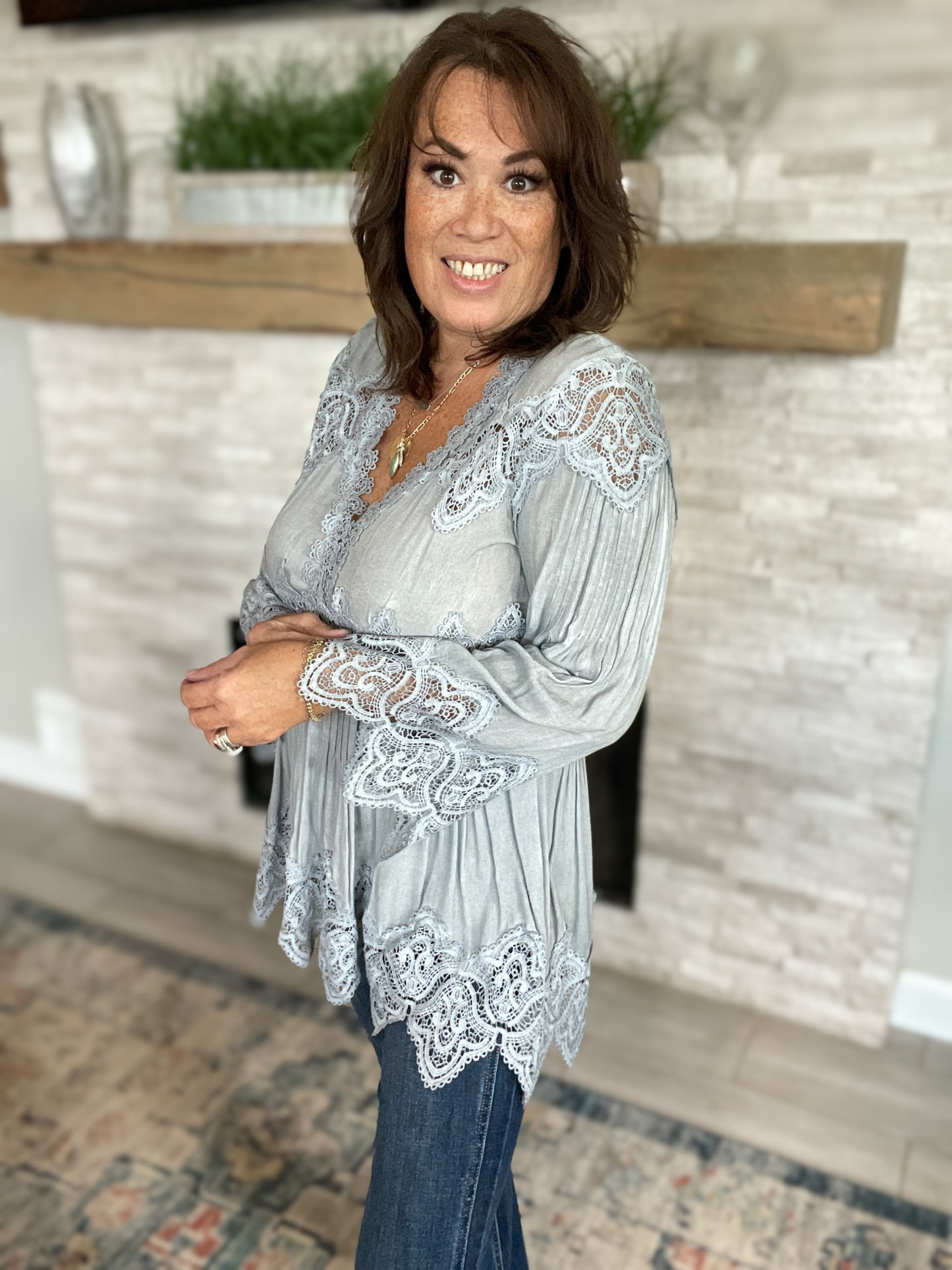 Grey Bell Sleeve Tunic Top With Crochet Detailing - Size Large