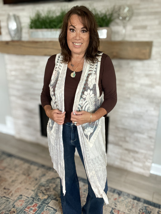 Sleeveless Lace Cardigan Duster Vest - Size Medium