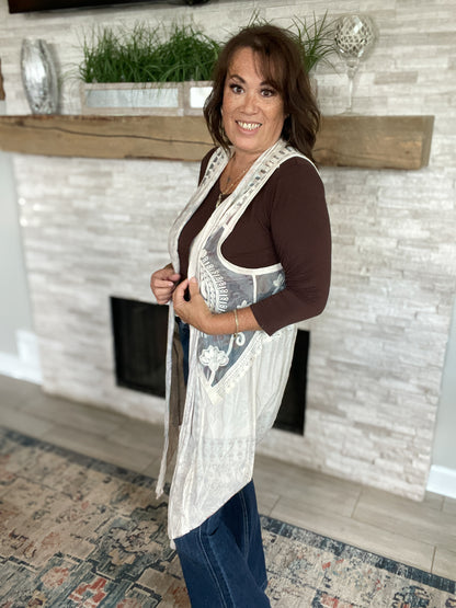 Sleeveless Lace Cardigan Duster Vest - Size Medium
