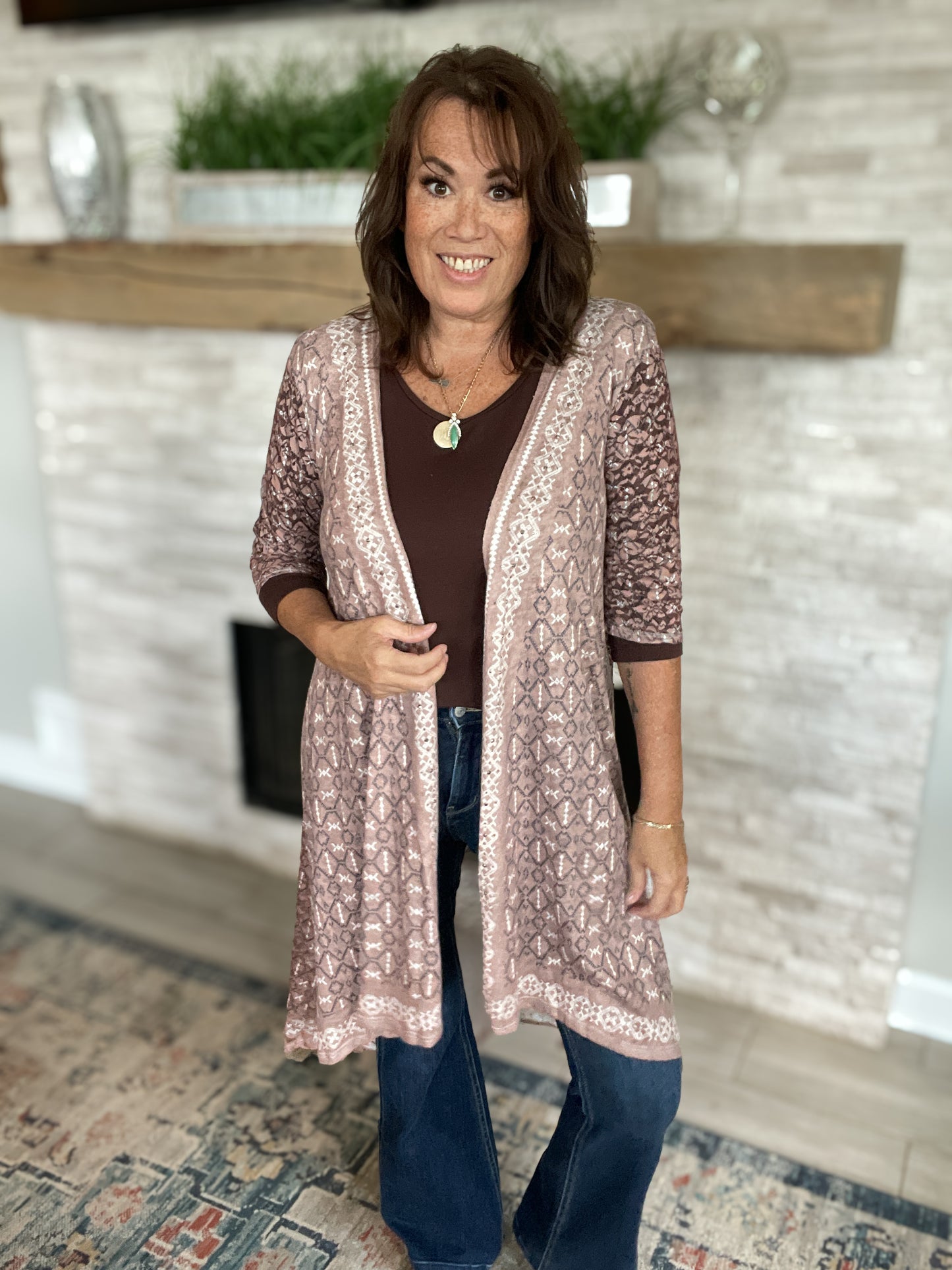 Light Brown Patterned Cardigan Kimono - Size Large