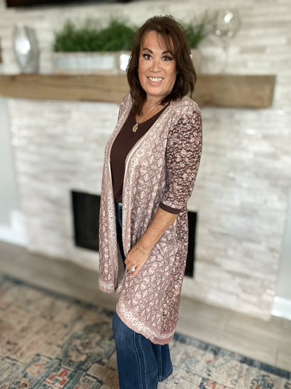 Light Brown Patterned Cardigan Kimono - Size Large
