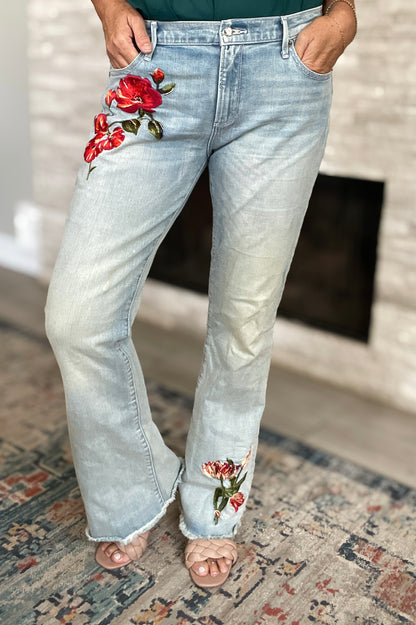 Driftwood Eva Embroidered Floral Raw Hem Flare Jeans - Size 32