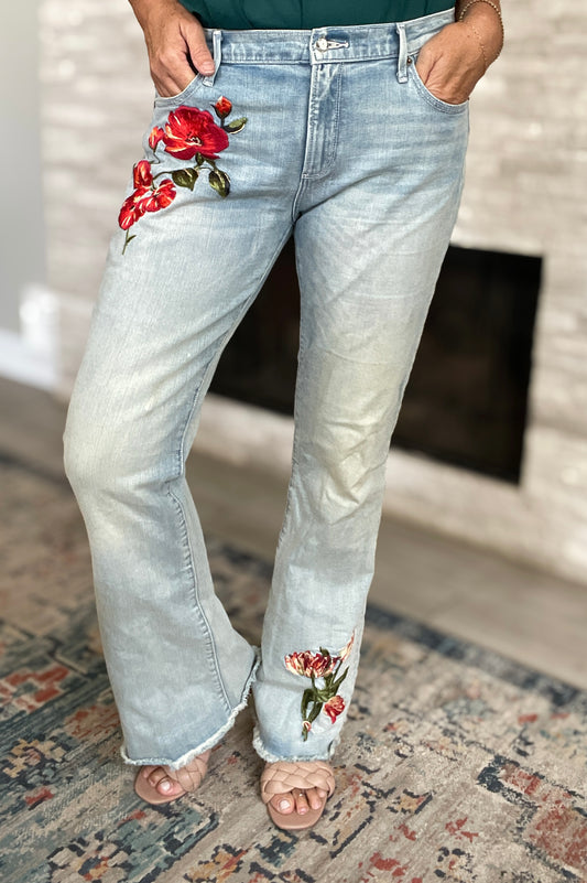 Driftwood Eva Embroidered Floral Raw Hem Flare Jeans - Size 32