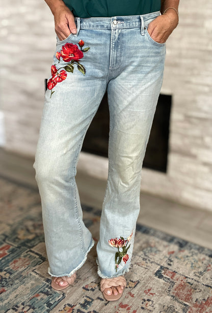 Driftwood Eva Embroidered Floral Raw Hem Flare Jeans - Size 32