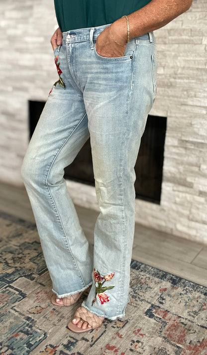 Driftwood Eva Embroidered Floral Raw Hem Flare Jeans - Size 32