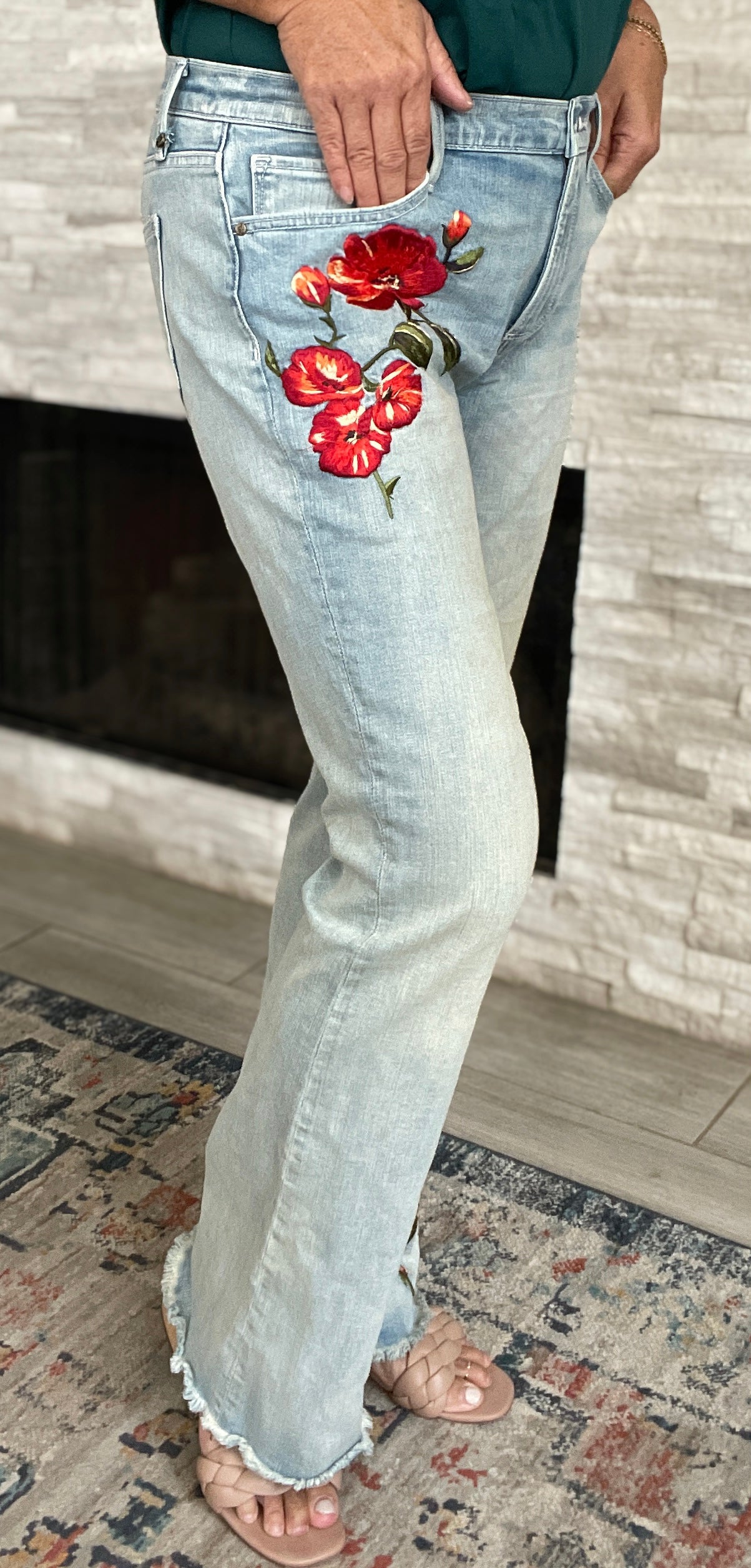 Driftwood Eva Embroidered Floral Raw Hem Flare Jeans - Size 32