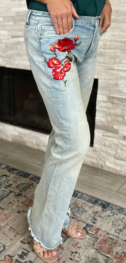 Driftwood Eva Embroidered Floral Raw Hem Flare Jeans - Size 32