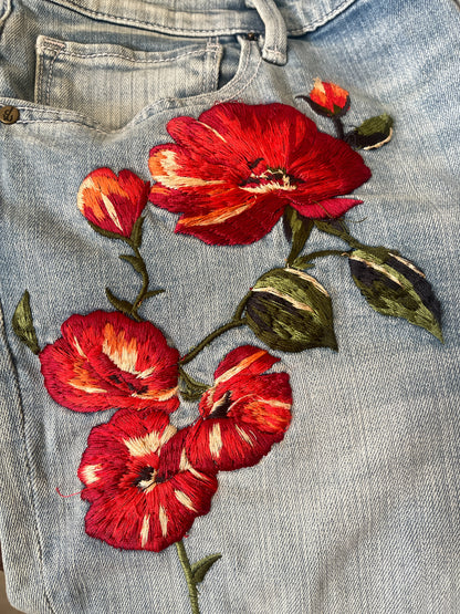 Driftwood Eva Embroidered Floral Raw Hem Flare Jeans - Size 32
