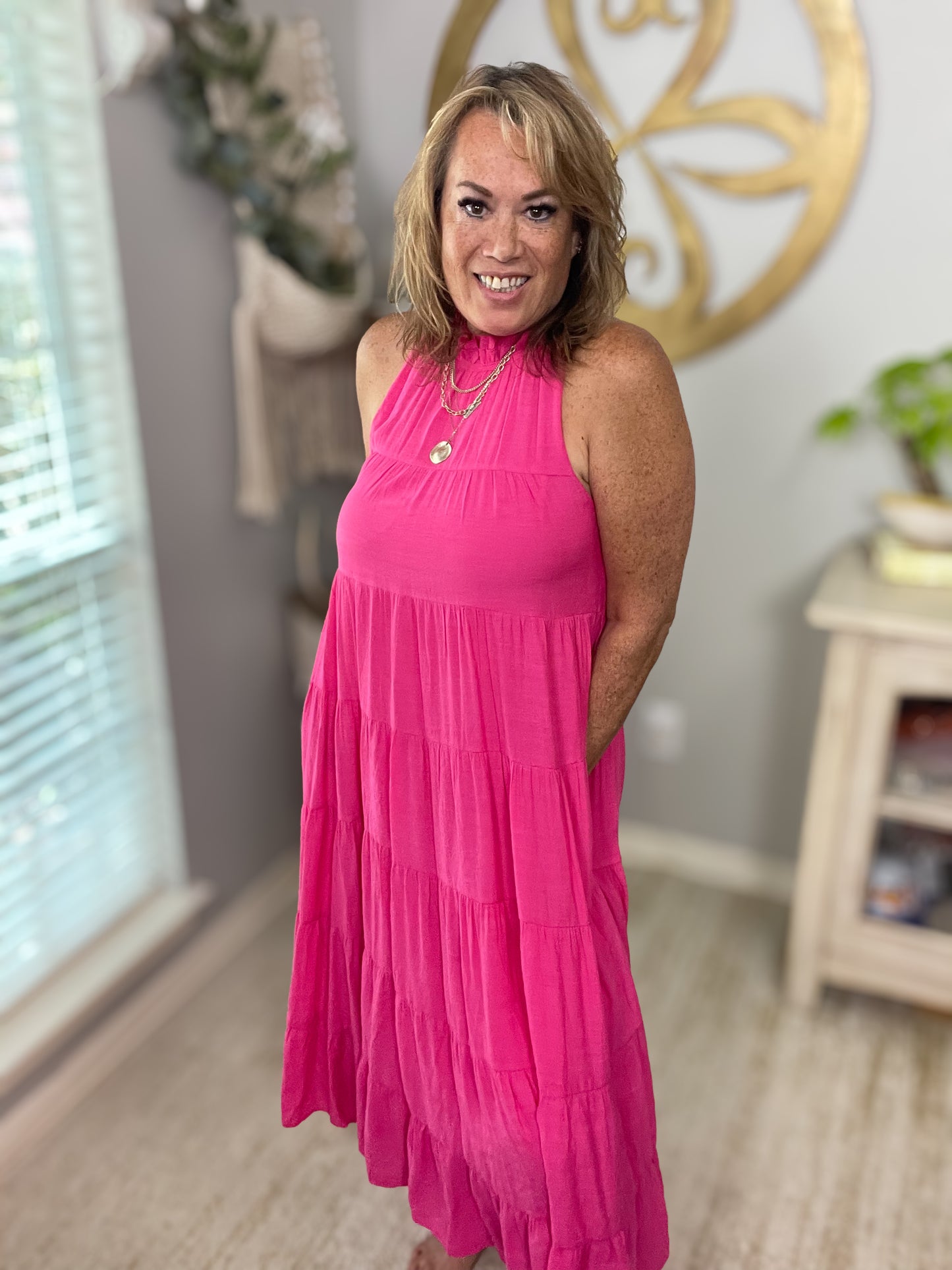 Pink Tiered Maxi Dress - Size Medium