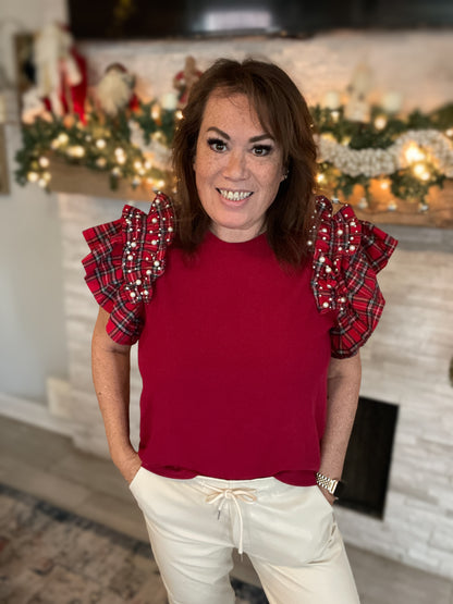 Red Plaid Pearl and Ruffle Sleeve Top NWT - Size Large