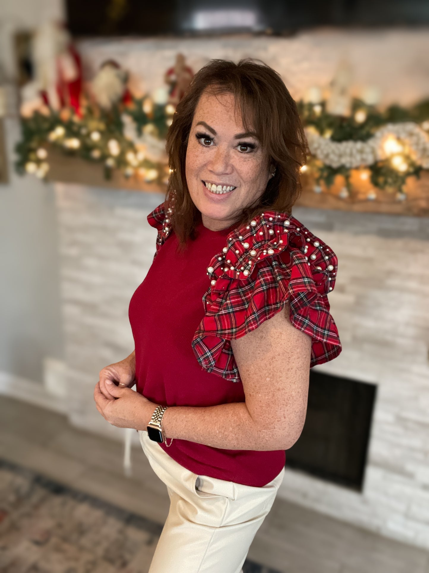 Red Plaid Pearl and Ruffle Sleeve Top NWT - Size Large