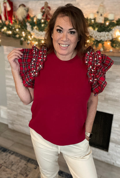 Red Plaid Pearl and Ruffle Sleeve Top NWT - Size Large