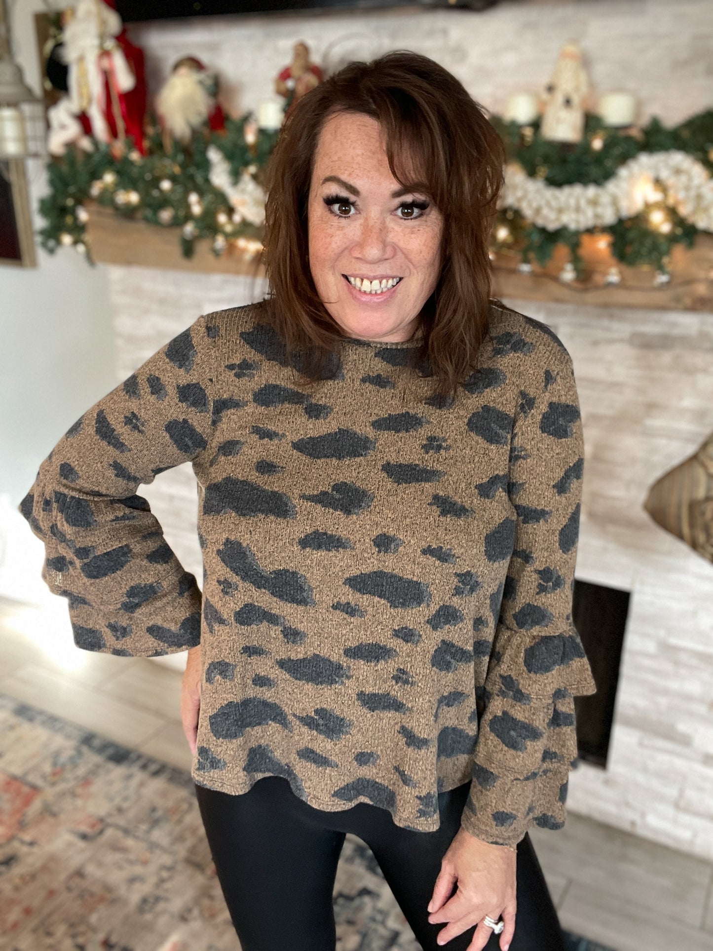 Leopard Print Ruffle Sleeve Sweater - Size Large
