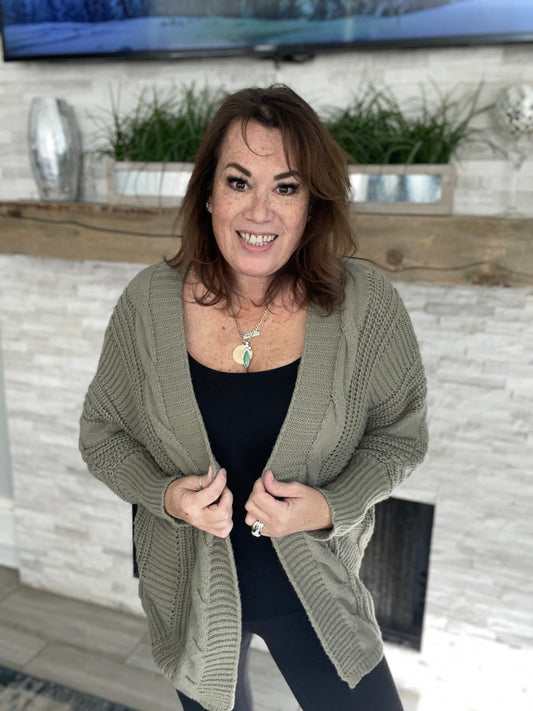 Cable Knit Ribbed Cardigan in Sage - Size M/L