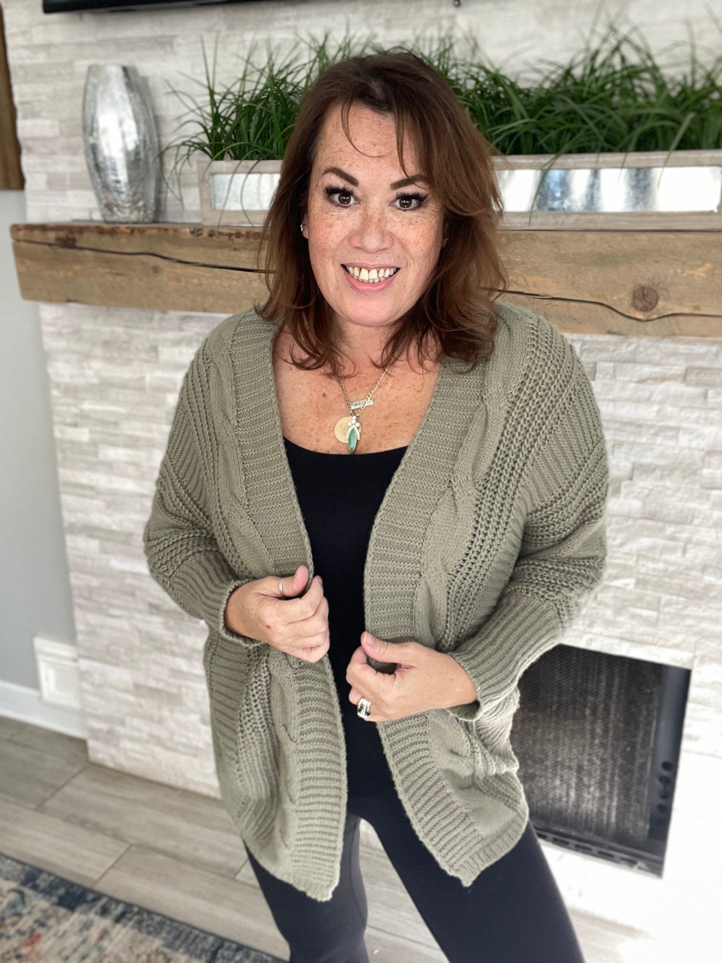 Cable Knit Ribbed Cardigan in Sage - Size M/L