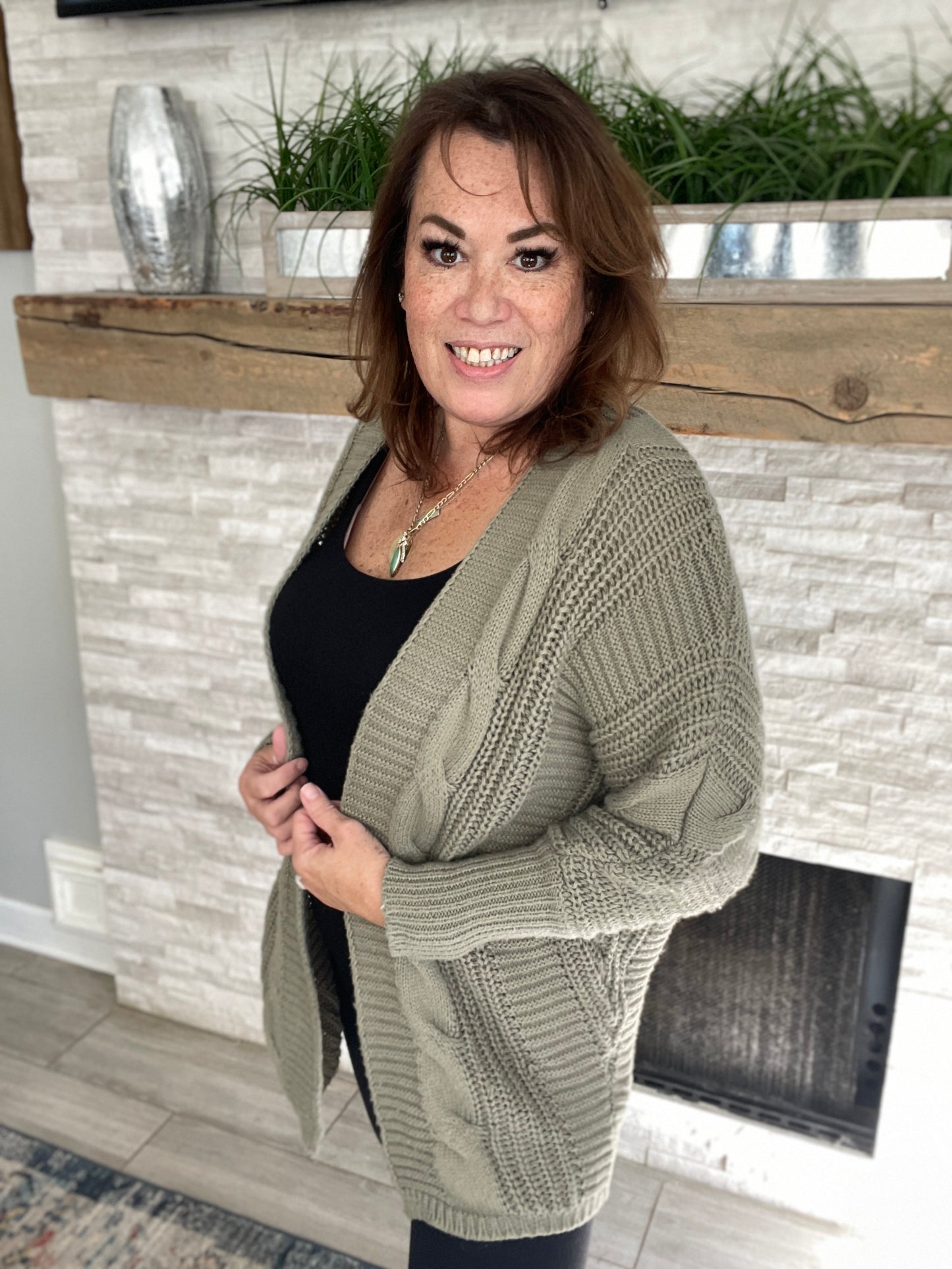 Cable Knit Ribbed Cardigan in Sage - Size M/L