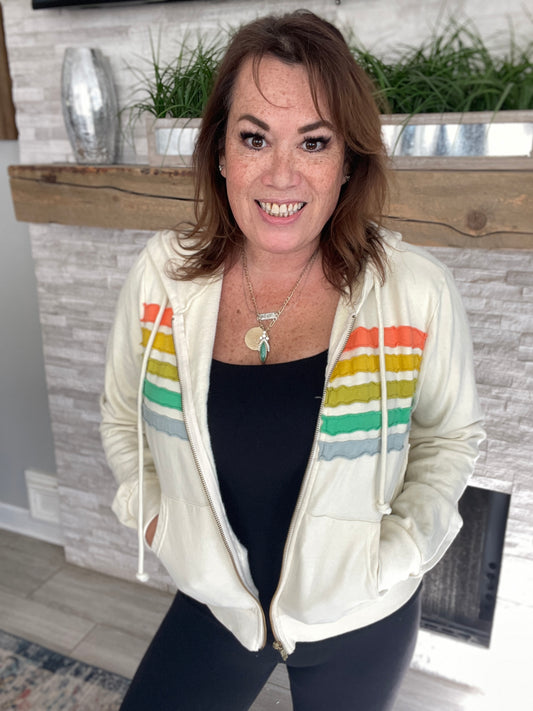 By Together Cream Rainbow Zip Up Hoodie - Size Med