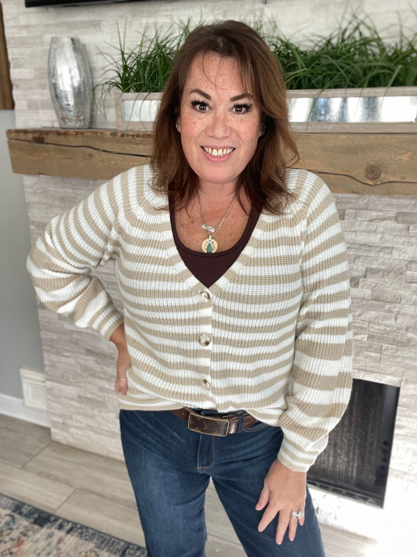 Cropped Khaki Striped Cardigan - Size Small