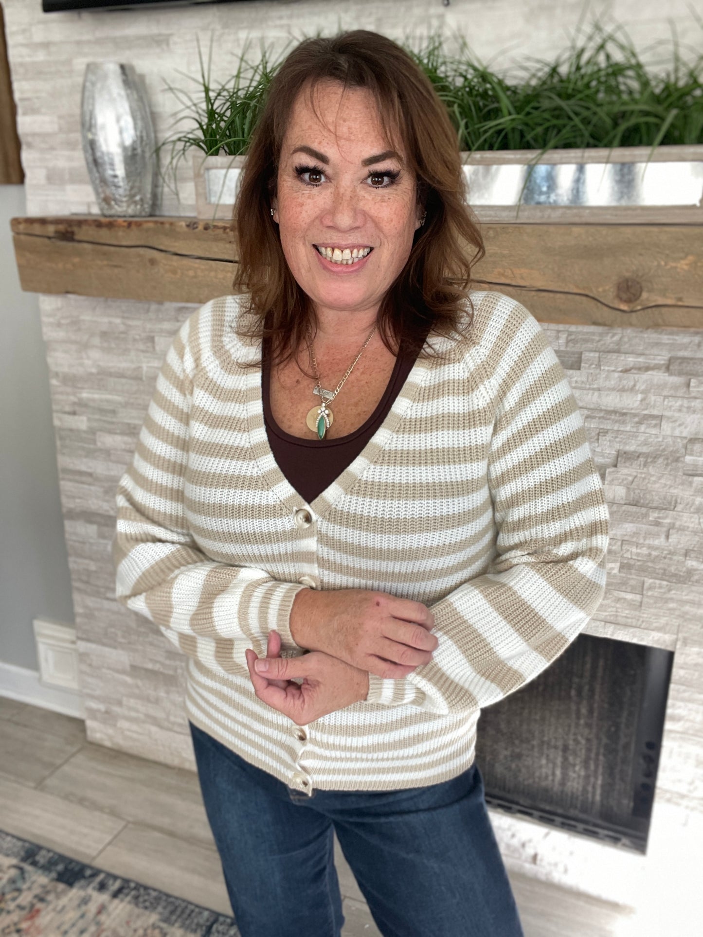 Cropped Khaki Striped Cardigan - Size Small