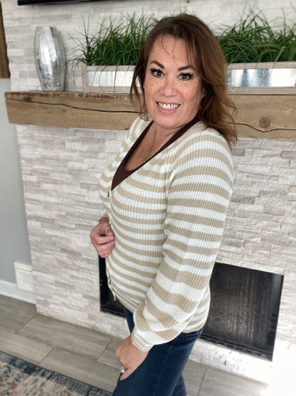 Cropped Khaki Striped Cardigan - Size Small