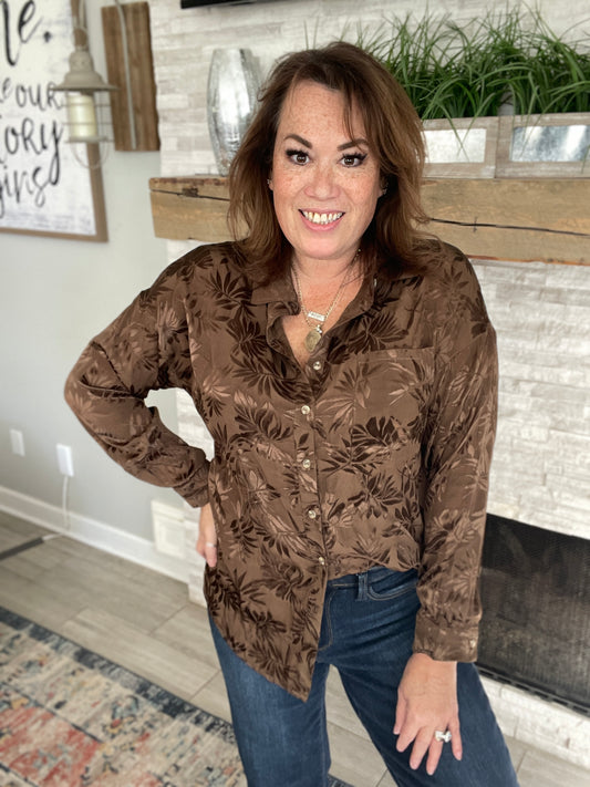 Brown Leaf Button Down Shirt - Size Med