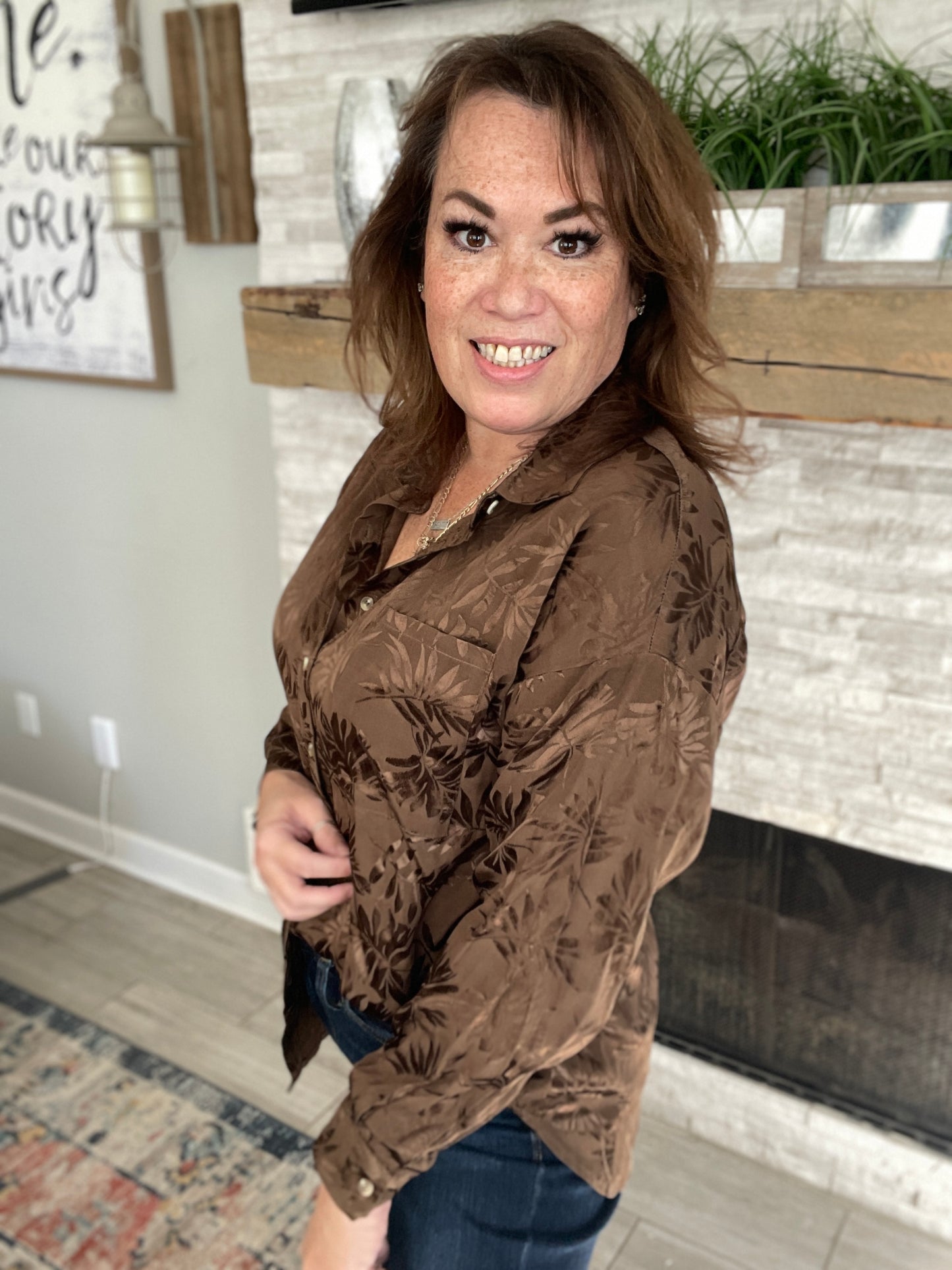 Brown Leaf Button Down Shirt - Size Med