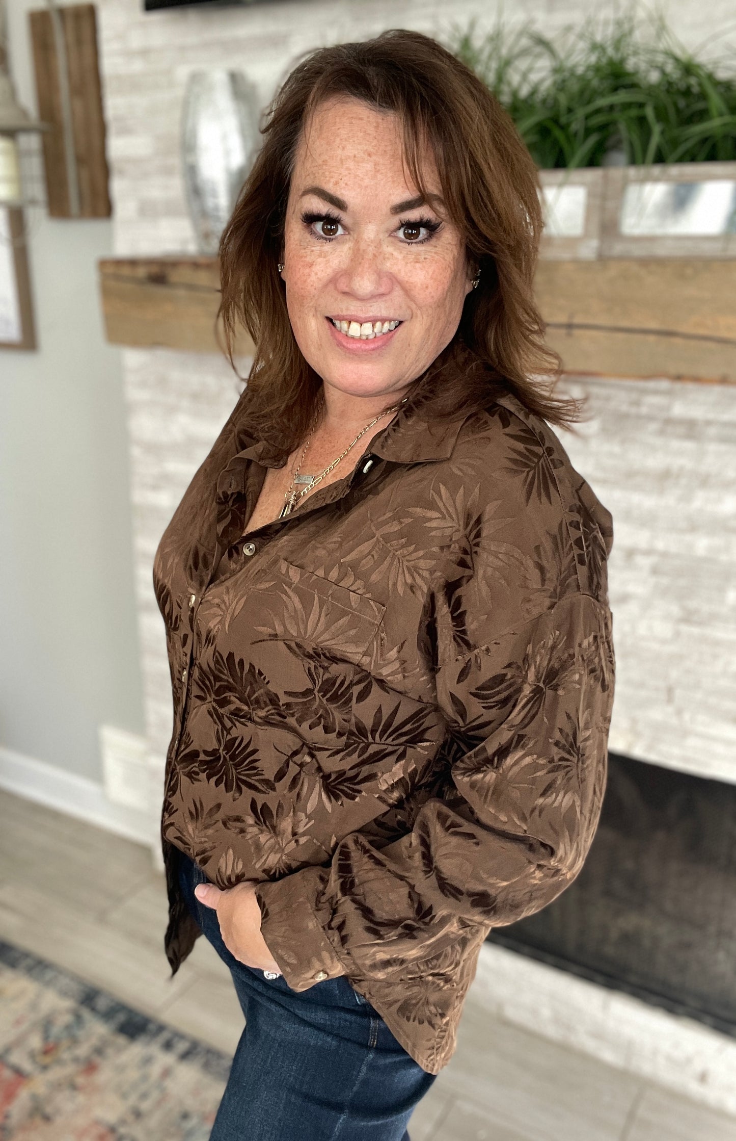 Brown Leaf Button Down Shirt - Size Med