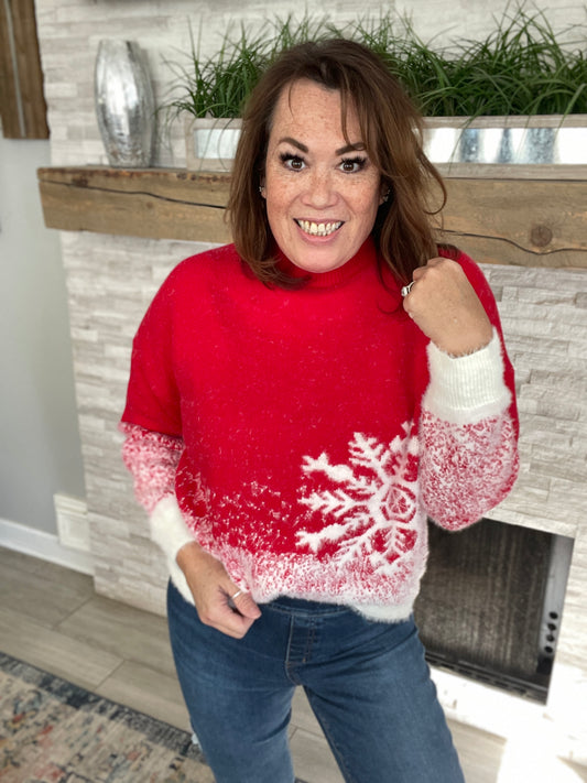 Mock Turtleneck Long Sleeve Snowflake Color Block Sweater - Size M/L