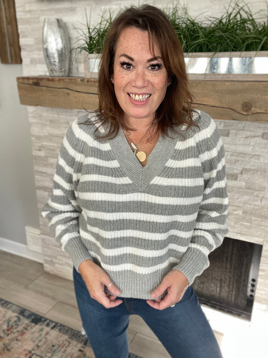 Grey & White Stripe V-Neck Sweater - Size Large