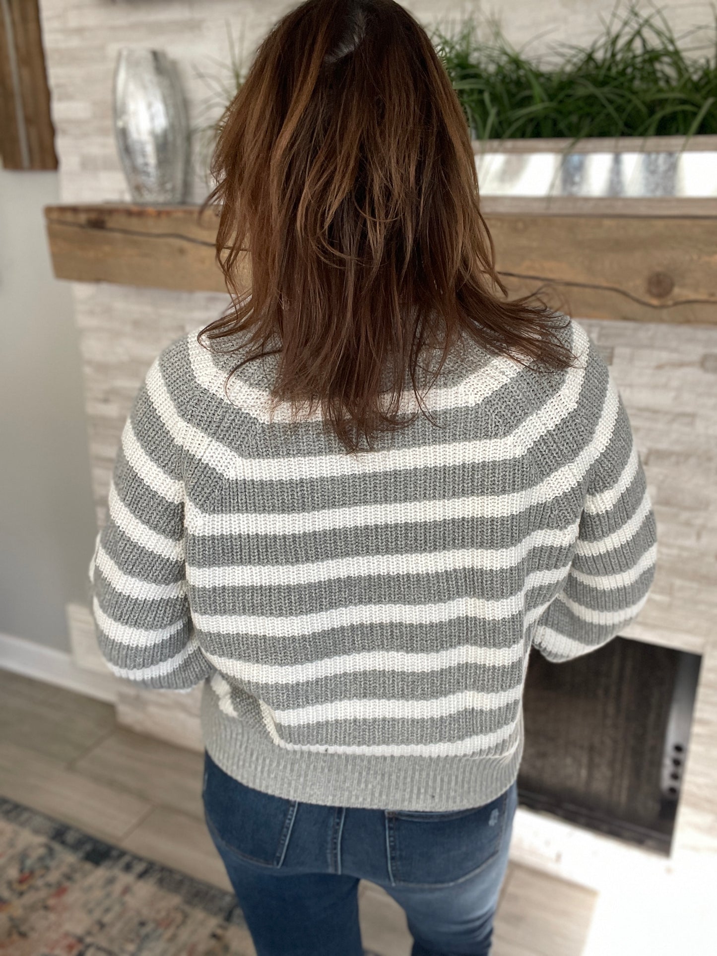 Grey & White Stripe V-Neck Sweater - Size Large