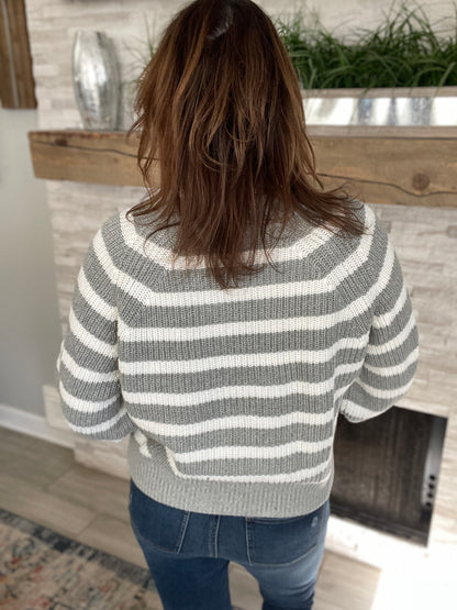 Grey & White Stripe V-Neck Sweater - Size Large