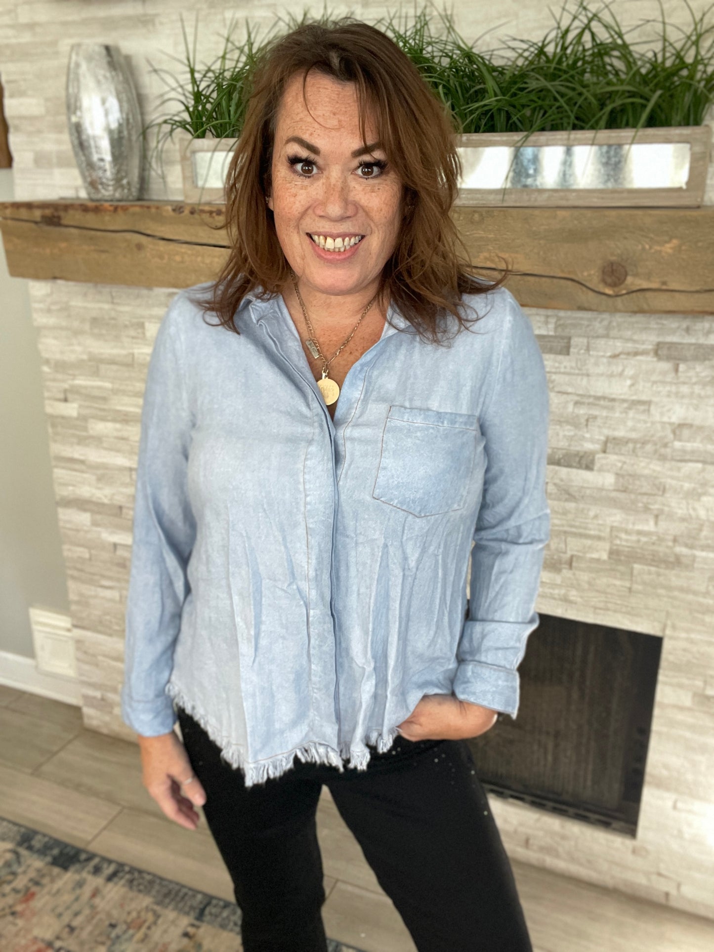 Umgee Button Down Boyfriend Shirt With Frayed Hem - Size Med