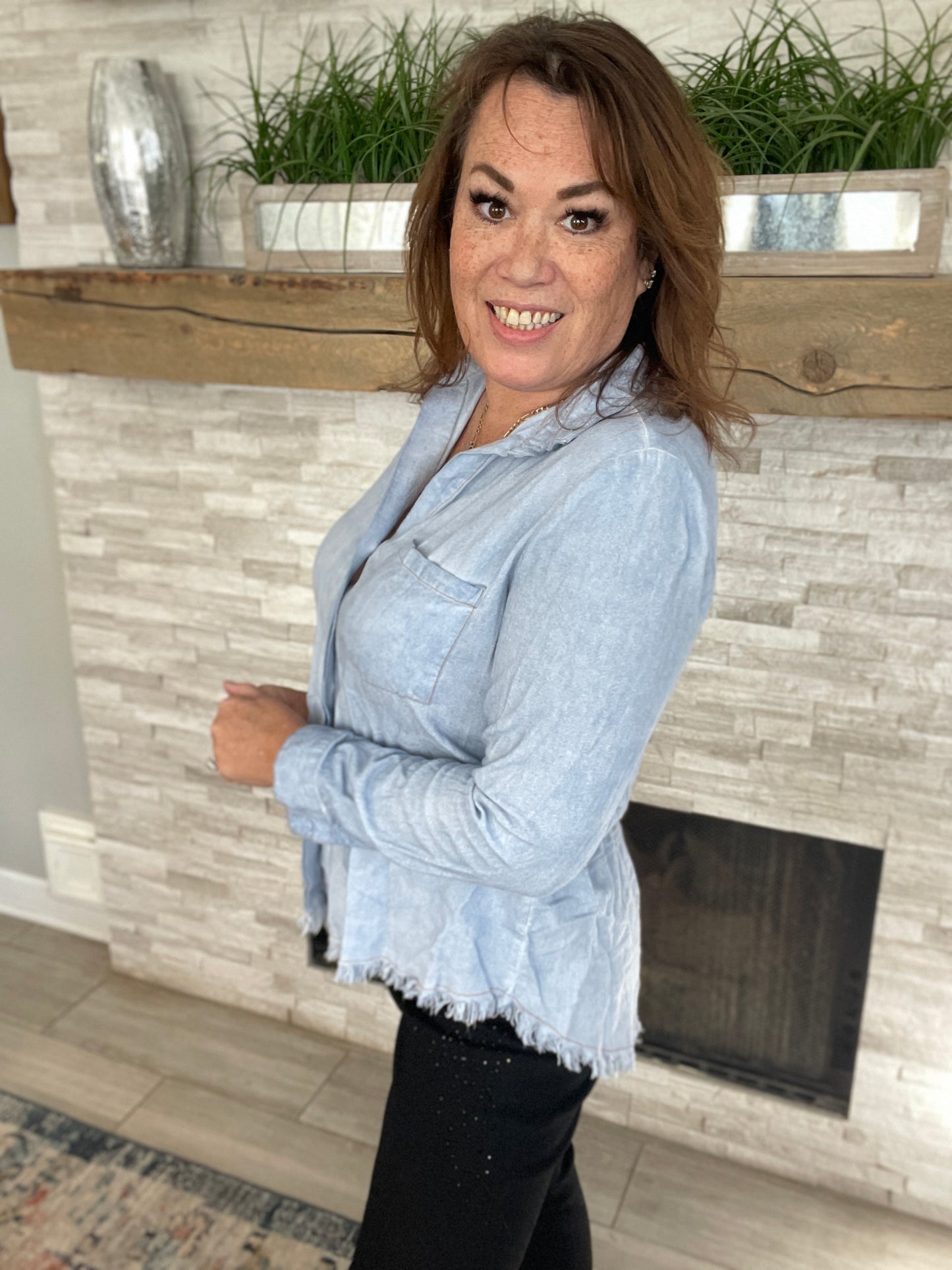 Umgee Button Down Boyfriend Shirt With Frayed Hem - Size Med