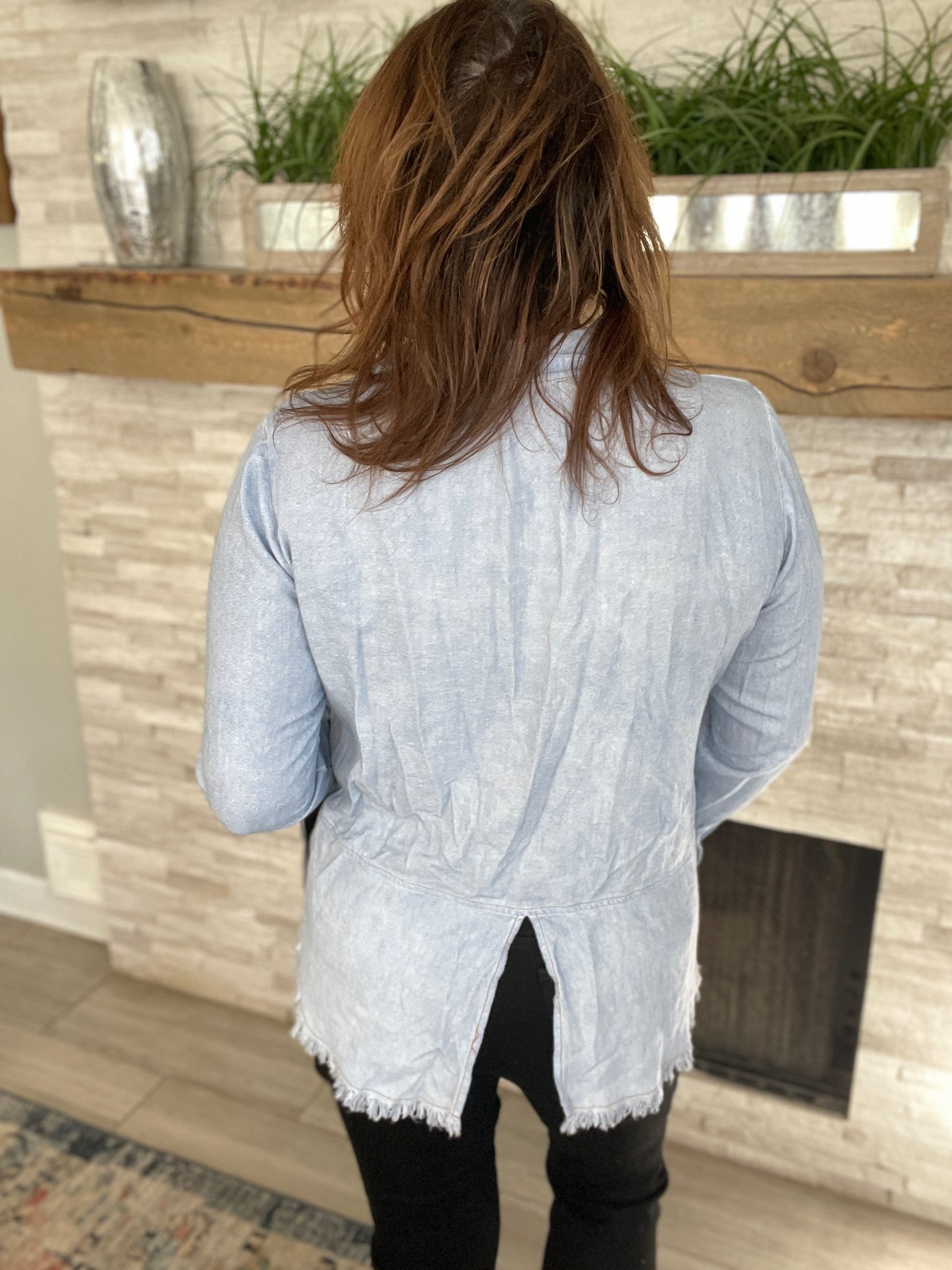 Umgee Button Down Boyfriend Shirt With Frayed Hem - Size Med