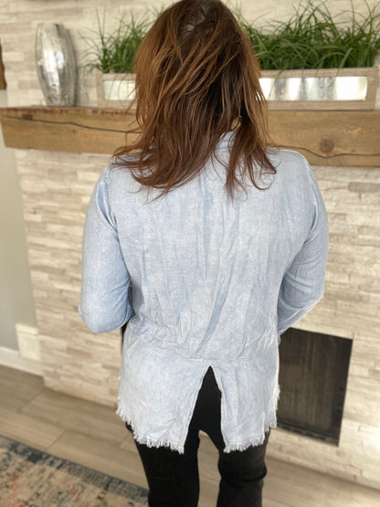 Umgee Button Down Boyfriend Shirt With Frayed Hem - Size Med
