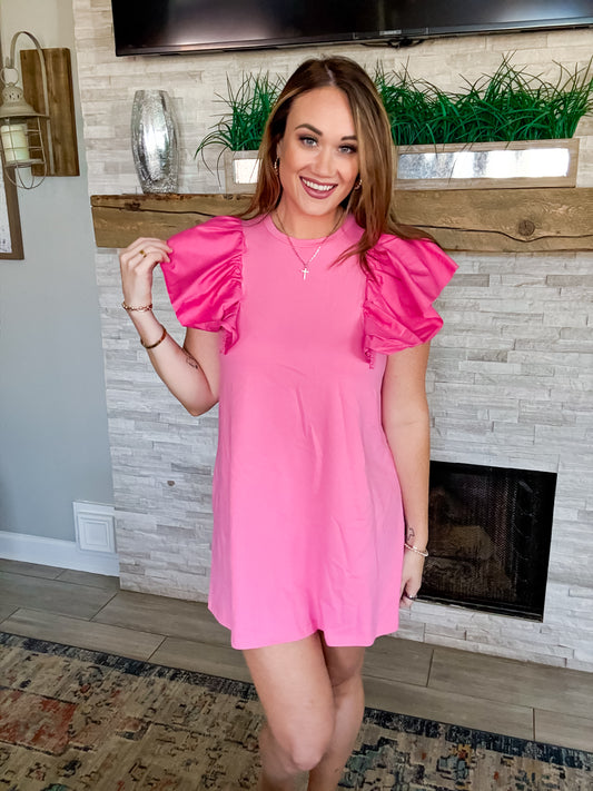 Candy Pink Knit Mini Dress with Ruffle Sleeves by TCEC NWT - Size Med