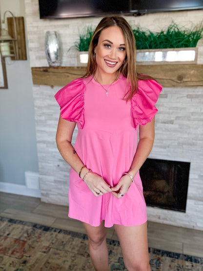 Candy Pink Knit Mini Dress with Ruffle Sleeves by TCEC NWT - Size Med