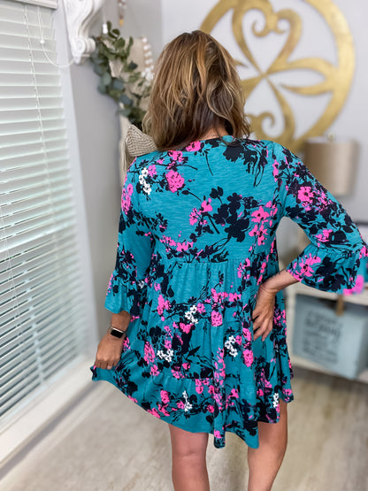 Teal, Black and Pink Floral Dress - Size Med