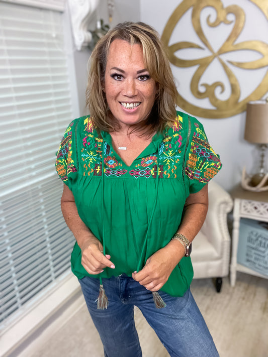 Green Embroidered Short Sleeve Top by Jodifl - Size Med