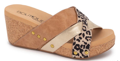 Corkys Leopard, Gold, and Cognac Cork Wedges - Size 9