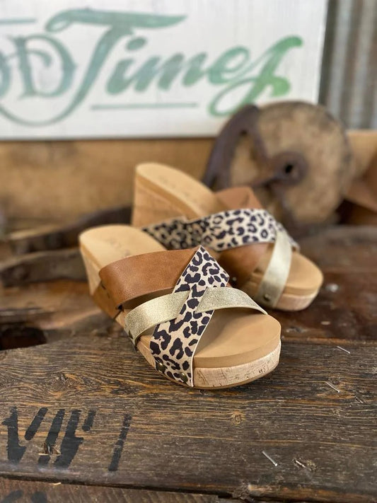 Corkys Leopard, Gold, and Cognac Cork Wedges - Size 9