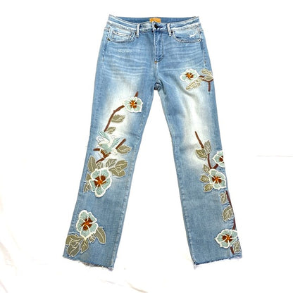 Driftwood Amelia Embroidered Floral Raw Hem Crop Ankle Jeans - Size 32