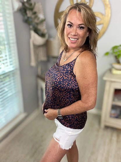 Navy Leopard Spaghetti Strap Tank - Size Med